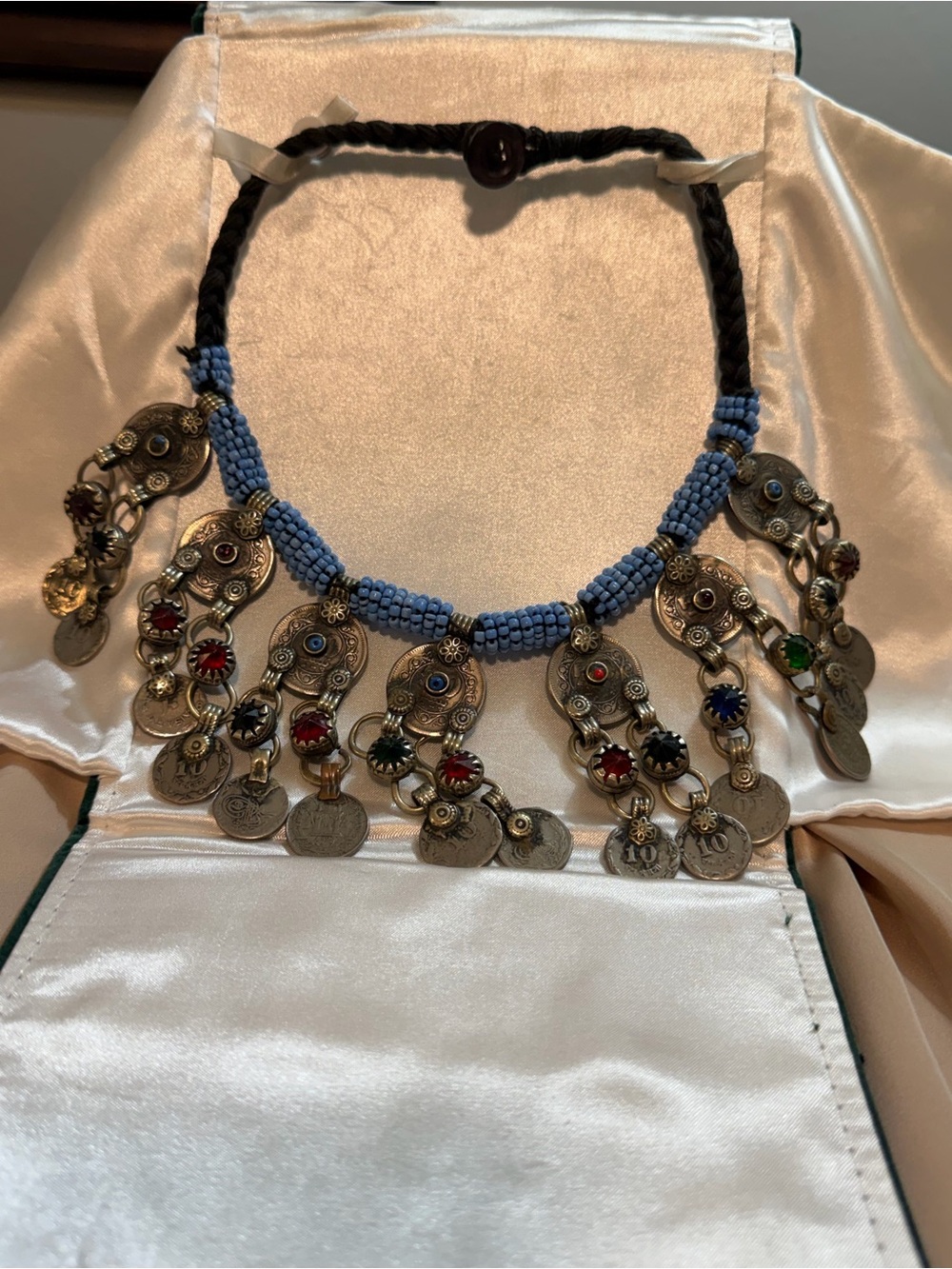 Vintage Afghan Kuchi Style Coin Blue Bead Tribal Statement Necklace
